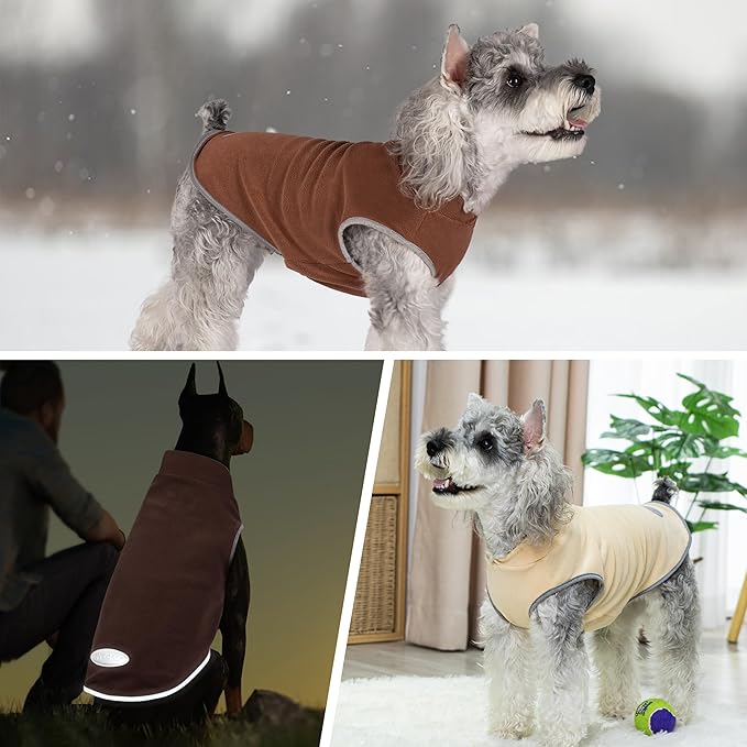 cyeollo Fleece Dog Sweater Vest, Reflective Dog Sweatshirt Pullover Doggie Jacket for Small Medium Large Doggie Clothes Boy Girl Pets, Brown & Khaki S