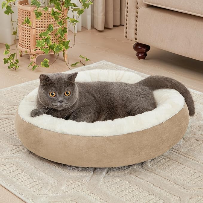 Love's cabin Round Donut Cat and Dog Cushion Bed, 20in Pet Bed for Cats or Small Dogs, Anti-Slip & Water-Resistant Bottom, Super Soft Durable Fabric Pet beds, Washable Luxury Cat & Dog Bed Camel