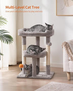 FourFurPets Small Cat Tree, Multi-Level Cat Tree for Indoor Cats, Cat Tower with Scratching Post, Cat Condo for Kittens,Toy Balls, 2 Soft Platform, Light Gray