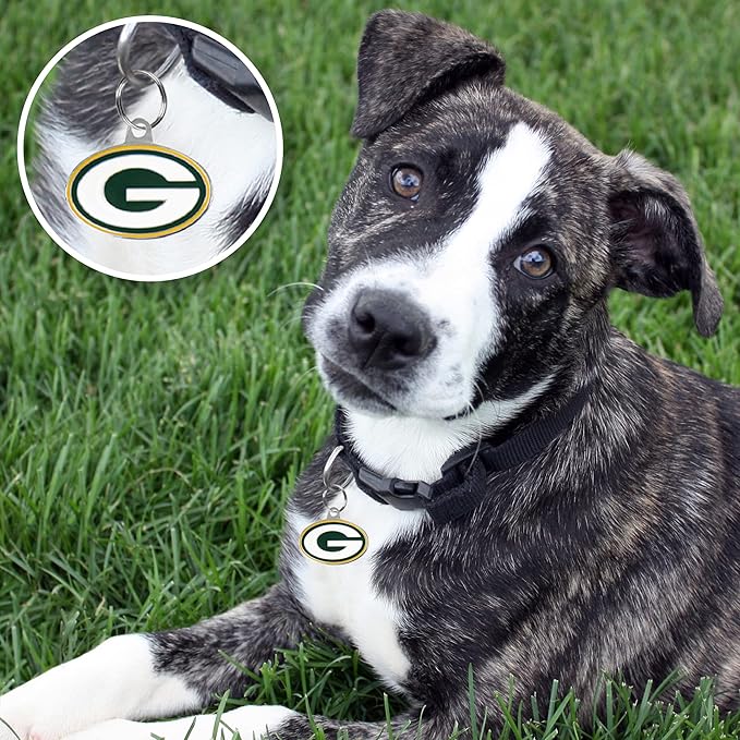 NFL Green Bay Packers Engraving Pet ID Tags in 32 Team Logo Shapes Personalized Dog Tags and Cat Tags with 3 Lines of Customizable Text for Tracking & Safety. Stainless Steel Pet ID Tracking Tags