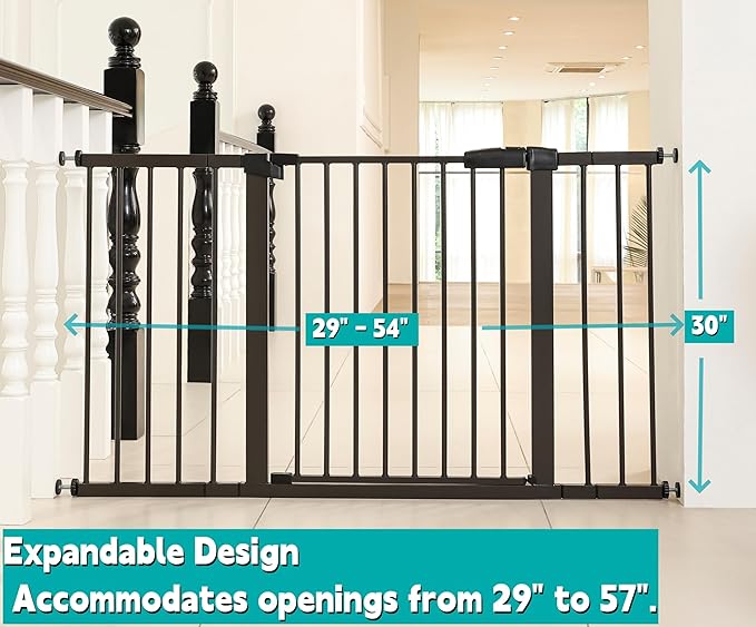 29"-57" Baby and Pet Safety Gate, 30" Tall Metal Walk-Thru Gate for Doorways & Stairs, Easy One-Hand Open, Dual Lock, Extensions & Wall Mounts Included (Black, 29"-54" W x 30.5“H)