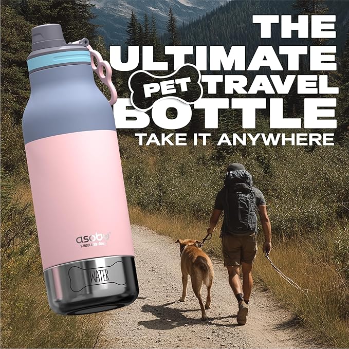 asobu Dog Barky Bottle – Insulated Stainless Steel Water Bottle with 2 Removable Dog Bowls for Food, Treats & Water – Pet-Friendly Travel Bottle for Hiking, Road Trips & Outdoor Adventures