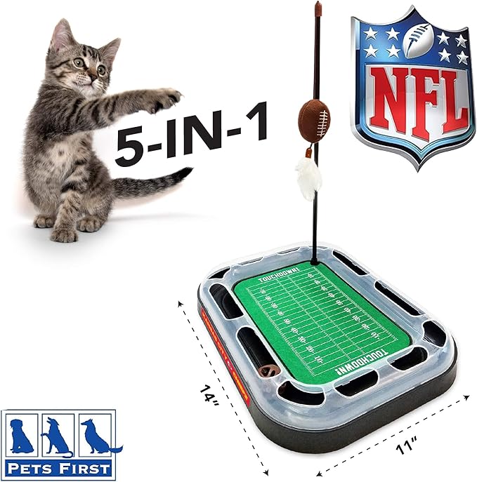Pets First Cat Plush Toy KANSAS CITY CHIEFS FOOTBALL FIELD CAT SCRATCHER TOY with CATNIP Filled Plush FOOTBALL Toy & Feather Cat Toy hanging, Jingle Bell INTERACTIVE BALL Cat Chasing 5-in-1 KITTY Toy