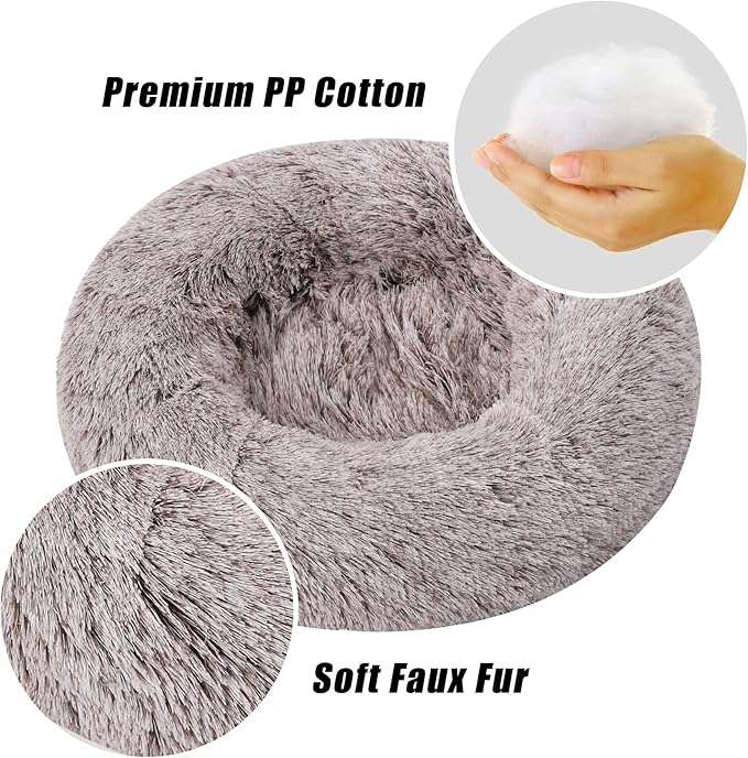 Calming Dog Bed, Dog Beds Fits up to 25 lbs Pets, Fluffy Donut Dog & Cat Bed Washable, Round Anti Anxiety Dog Bed, Small Dog Bed with Non-Slip Bottom (Coffee, 24" x 24")