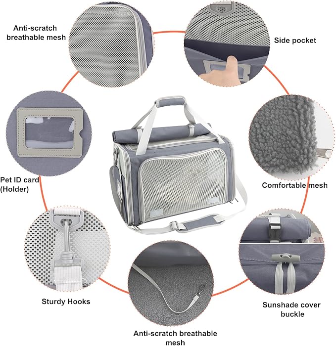 Texsens Pet Carrier - Soft Sided Cat Carrier for Small/Medium/Large Cats & Puppies Up to 16 lbs - Collapsible Cat Bag for Outdoor Travel - TSA Airline Approved with Privacy Protection (Grey)