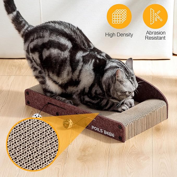 Poils Bebe 21 Inch Sofa Cat Scratcher, Small Cat Scratcher Cardboard with Bell Balls, Durable Couch Lounger for Indoor Cats, Cat Scratch Furniture Protector with Catnip, Cat Toys