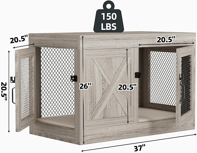 Xilingol Corner Dog Crate Furniture with Double Doors, 36 Inch Wooden Dog Kennel End Table Indoor with Mesh, Cage/House for Small Medium Large Dog, Decorative Pet Crate Indoor Use, Grey