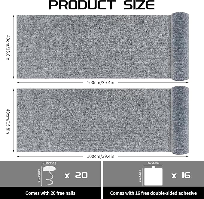 2 Pcs 39.4"x15.8" Cat Scratch Mat, Cat Scratch Couch Furniture Protector, Trimmable Self-Adhesive Cats Scratch Pads, DIY Cat Scratcher for Wall Protector and Covering Cat Tower (Light Grey)