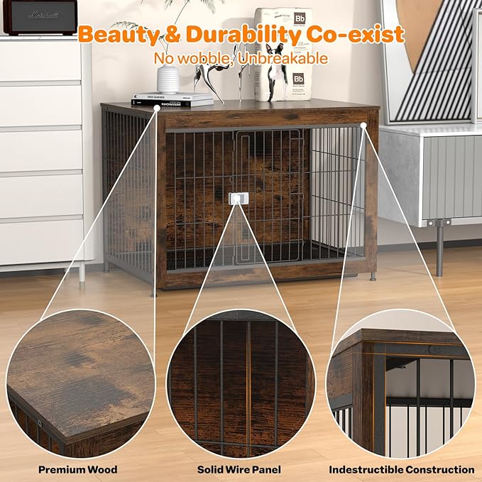 Dog Crate Furniture, Wooden Dog Crate 43in, Decorative Cage with End Table for Dog Indoor Kennel, High Anxiety Dog, Escape-Proof Locks for All Breeds