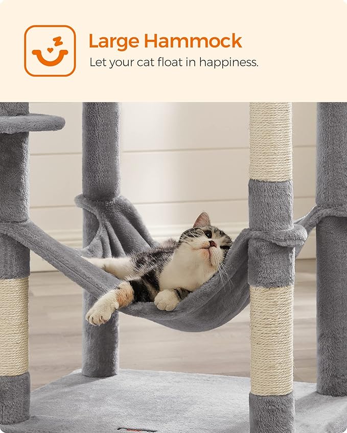 Feandrea Cat Tree, 75.2-Inch Cat Tower for Indoor Cats, Plush Multi-Level Cat Condo with 5 Scratching Posts, 2 Perches, 2 Caves, Hammock, 2 Pompoms, Light Gray UPCT191W01