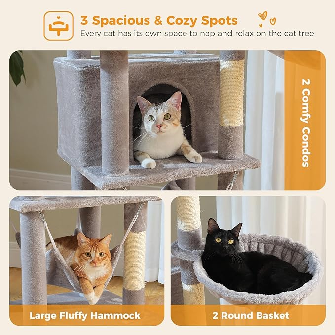 Tall Cat Tree for Indoor Cats Large Adult, 71.2" Multi-Level Cat Tower with 2 Spacious Condos, 3 Hammocks, Super Large Top Perch, 2 Pompoms, Grey