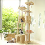 69-Inch Tall Cat Tree with Huge Condos, Multi-Functional Cat Tower with Top Perches, Scratching Posts, Pompoms, for Climbing, Lounging and Playing (Beige)
