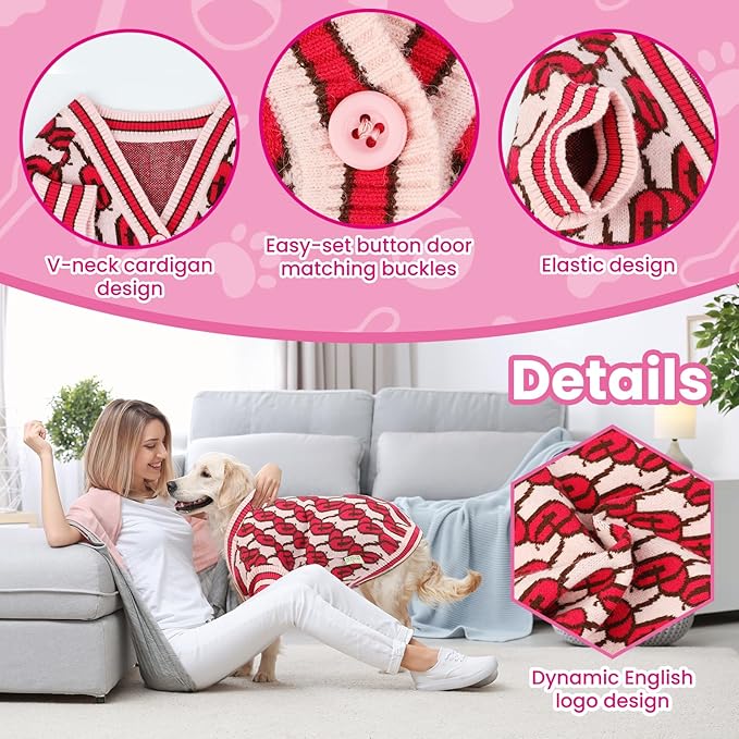 Pet Sweaters for Dogs Boys and Girls, Dynamic Letter Patterned Dog Sweater,Dog Cardigan,Pet Clothes,Pet Knitted Clothing,Fit for Different Seasons and Kinds of Dogs(Pink 2XL)