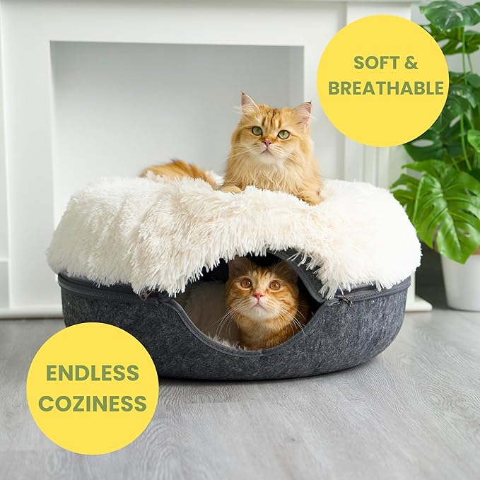 CATTASAURUS Peekaboo Cat Cave for Multiple & Large Cats Up to 30-45 Lbs, Fluffy Cat Beds for Indoor Cats, Scratch Detachable & Washable Tunnel Bed, Comfy Donut Cat Cave (Dark Gray, Large (Calming))
