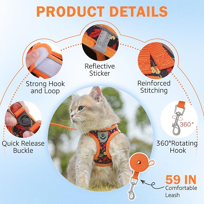 SCENEREAL Fall Thanksgiving Cat Harness and Leash Set Escape Proof, Soft Mesh Kitten Harness for Walking Travel, Reflective Adjustable Pet Vest with Leaf Print for Cat Puppy, S