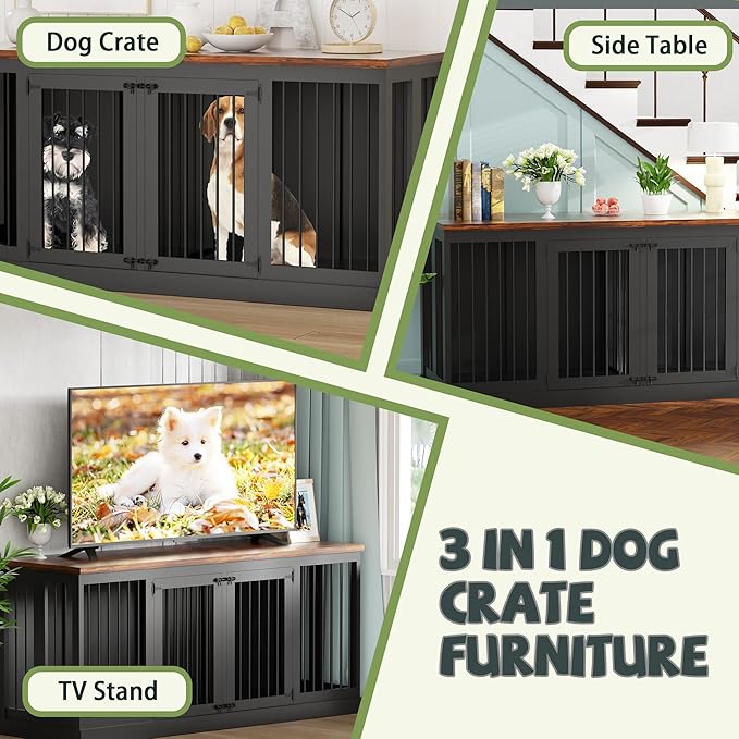 71" Dog Crate Furniture, Large Dog Kennel Furniture, Wood Double Dogs Crate Furniture Large Breed, Dog Crates for 2 Dogs Furniture, Black