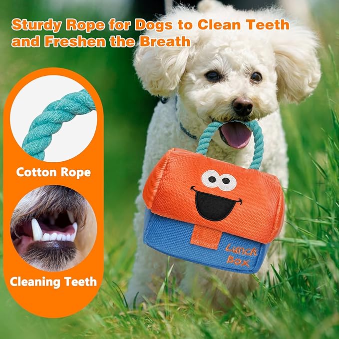 Hide and Seek Dog Toys, Squeaky Interactive Puzzle Dog Toys for Boredom and Stimulation, Dog Enrichment Toys with Rope for Small and Medium Dogs - Lunch Box