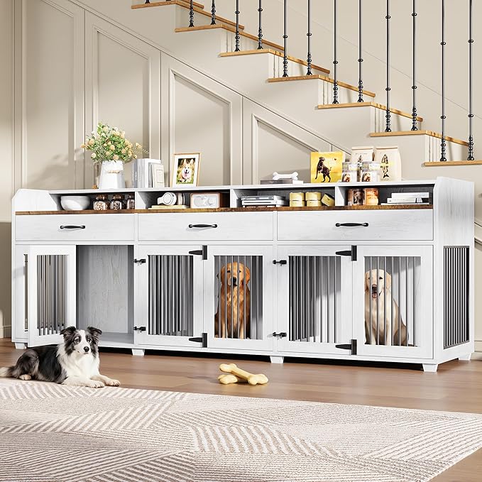 AMERLIFE 95" Large Dog Crate Furniture with Storage, 3-Room Indoor Wooden Dog Kennel for Large/Medium Dogs, TV Stand & Sideboard with Drawers & Removable Divider, White+Barnwood