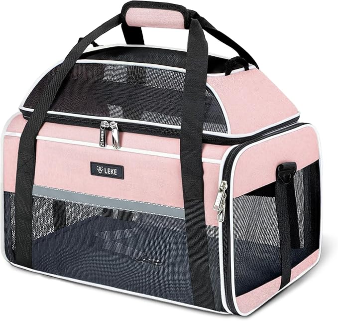 Lekereise Top-Expandable Pet Carrier - TSA Airline Approved Soft Sided Underseat Up to 15lbs Travel Carriers for Small Cats and Dogs with Locking Safety Zippers Anti-Scratch Mesh Pink