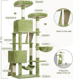 Cat Tree for Indoor Cats, 71'' (180cm) Multi-Level Cat Tower for Large Adult, Sturdy Cat Tree House with 2 Scratching Boards 7 Posts, 2 Plush Perches/Condos, Hammock, Green GCT032GR