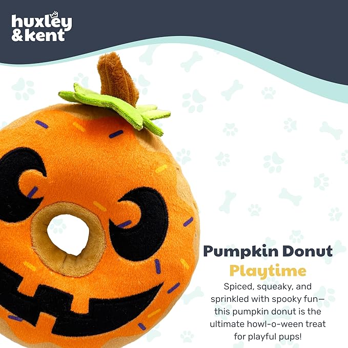 Huxley & Kent Halloween Funny Dog Toy w/Squeaker – Power Plush Squeaky Dog Toys for Small, Medium & Large Dogs – Soft Stuffed Animal for Indoor Play & Fetch - Pumpkin Donut, One Size