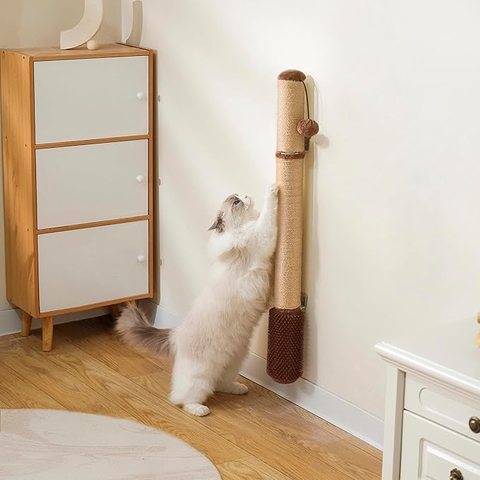 34" Extra-Tall Wall Mounted Cat Scratcher – Vertical Sisal Scratching Post for Large Cats, Space-Saving Cat Wall Climber with Self-Grooming Brush & Hanging Ball Toy, Modern Brown Decor