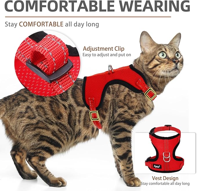 PUPTECK Cat Harness and Leash Set Escape Proof, Reflective Adjustable Soft Mesh Kitten Vest Harness for Walking Travel, Red, M