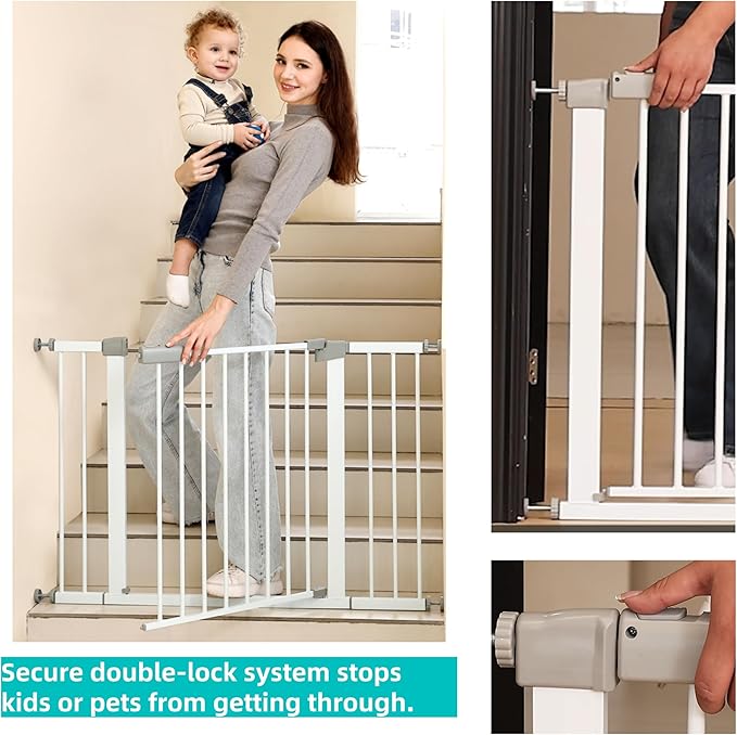 29"-57" Baby and Pet Safety Gate, 30" Tall Metal Walk-Thru Gate for Doorways & Stairs, Easy One-Hand Open, Dual Lock, Extensions & Wall Mounts Included (Gray, 29"-46" W x 30.5“H)