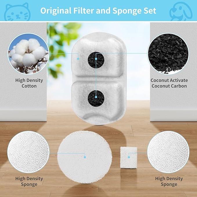 16 Set Dog Fountain Filter Replacement for 7L/230oz/1.8G Stainless Steel Dog Water Dispenser, YOIHABV Cat Fountain Filters, Triple Filtration Pet Water Filter, Replacement Filters and Sponges