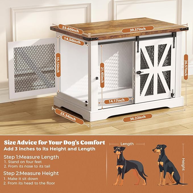 VOPEAK 40" Farmhouse Dog Crate Furniture, Heavy Duty Dog Crate for Medium Large Dogs, Dog Cage Dog Kennel Indoor with Double Doors, Chew Resistant End Table for Bedroom Living Room, White