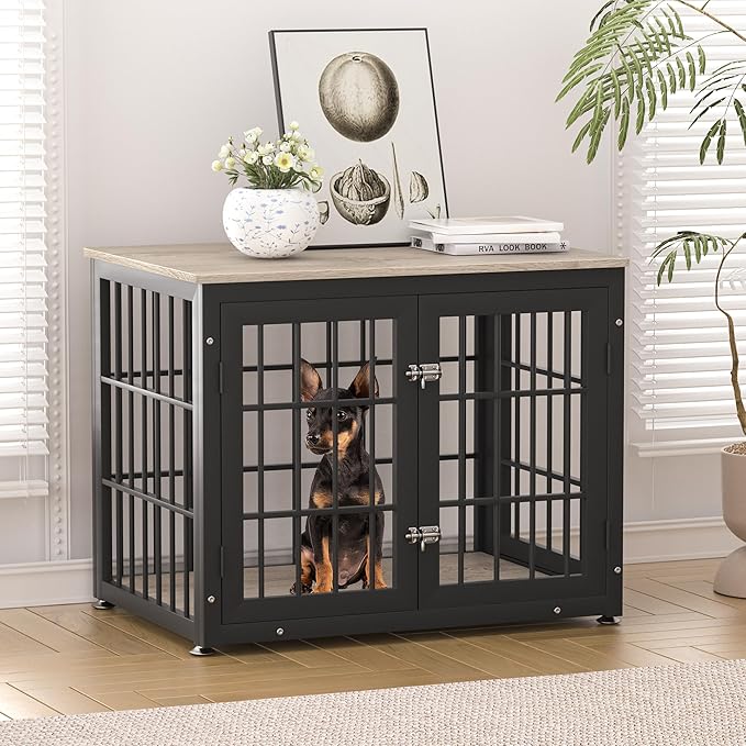 32 Inch Heavy Duty Dog Crate Furniture for Medium and Small Dogs, Decorative Pet House End Table, Wooden Cage Kennel Furniture Indoor, Grey