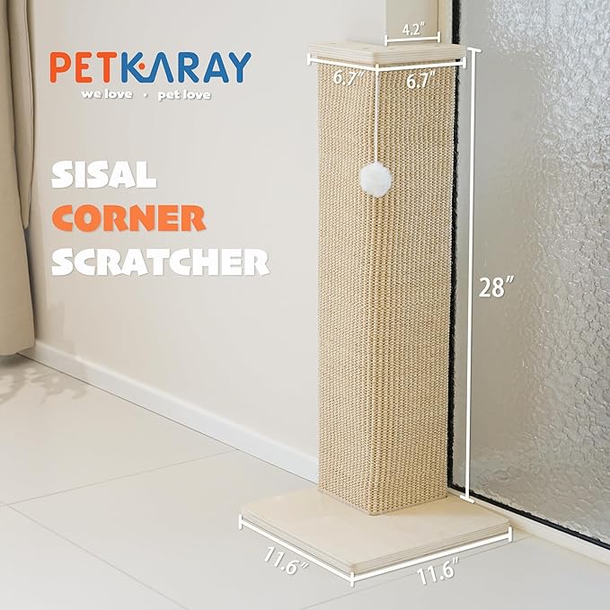PETKARAY Couch Corner Cat Scratcher, 28'' Corner Scratching Post Cat Wall Scratcher, Sisal Scratch Pad for Sofa, Wall Furniture Protector with Toy Ball