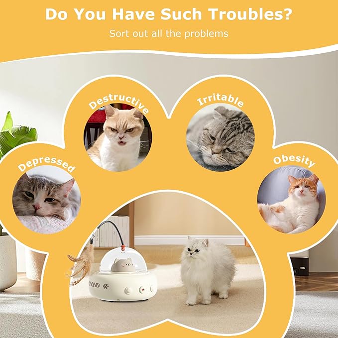 hooroor Laser Cat Toy for Indoor Cats,2 in 1 UFO-Vehicle Automatic Motion with Feather,Rechargeable Electronic Smart Sensor,Interactive Toys for Bored Cats/Kittens/Dogs,Ideal Gift (White Updated)