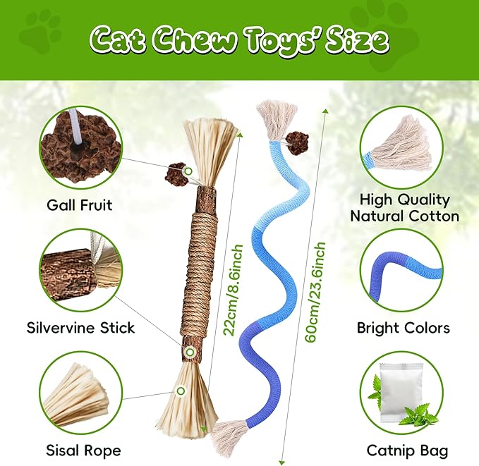 Silvervine Sticks for Cats & Cat Chew Rope Toy with Refillable Natural Catnip Bag for Teeth Cleaning, Interactive Cat Catnip Toys for Indoor Cats, Kitten Teething Toys for All Breeds (8Pcs)