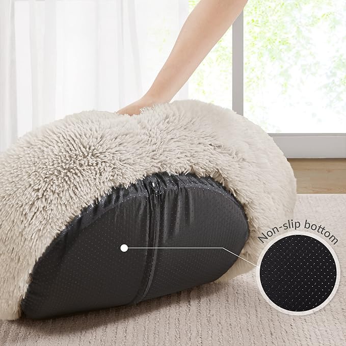 Friends Forever Serena Donut Memory Foam Orthopedic Dog Bed, Soft Faux Fur Oval Cat Couch For Indoor Pet, Fluffy Calming Plush Shag, Round Raised Bolster Cushion, Machine Washable Cuddler, Tan