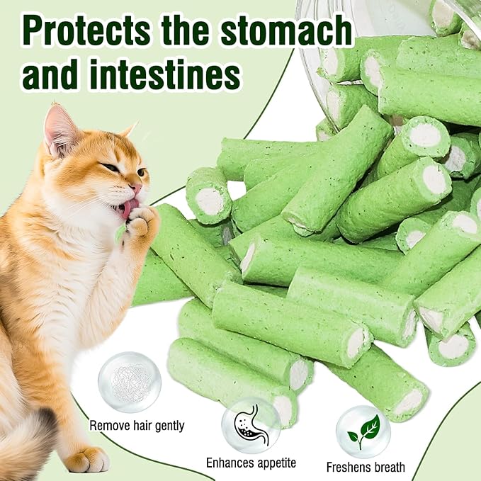 Cat Grass Teething Sticks, 3.52oz Edible Natural Dried Cat Grass Treats with Chicken, Cats Snack for Hairball Removal and Dental Care