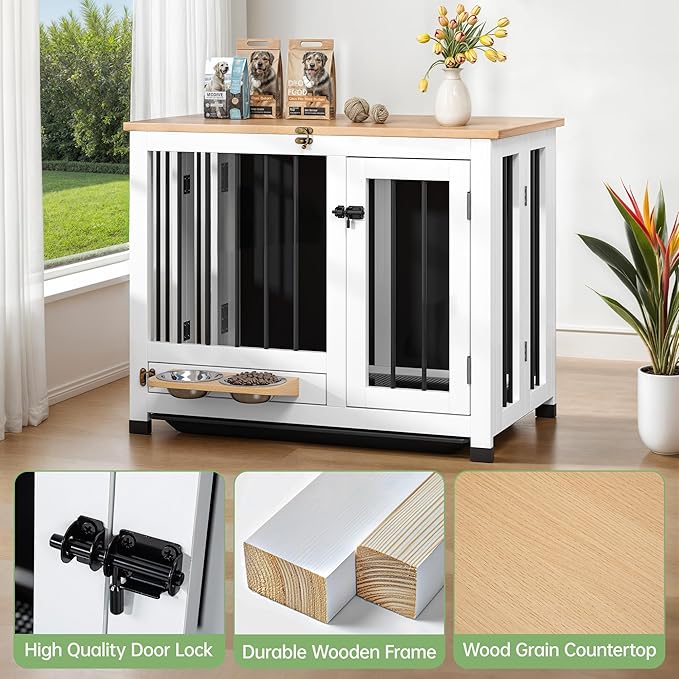 31.5" Dog Crate - Wooden Dog Cage with Removable Tray & 360° Rotating Feeder | Indoor Decorative Dog Kennel Furniture | Multi-Functional Pet End Table for Medium & Small Dogs, Light Walnut