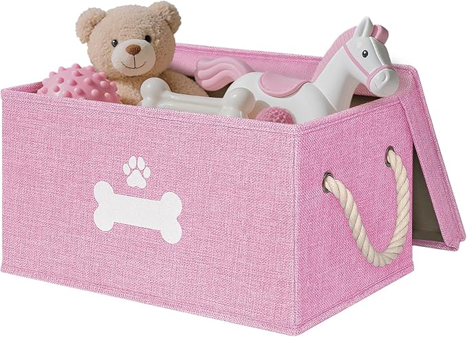 Dog Toy Basket with Lid, Dog Basket for Toys, Dog Toy Box with Cotton Rope Handles, Collapsible Storage Bins for Dog Toys, Dog Storage Organizer, Pink