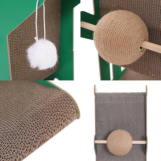 Cat Scratching Post, 4-in-1 Cat Scratcher and Cardboard Scratching Post with Toys and Plush Ball for Indoor Outdoor Cats,Protecting Furniture with Catnip, Large