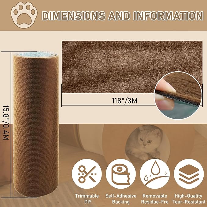 Cat Scratching Climbing Carpet Mat, Self-Adhesive Trimmable Anti Cat Scratcher Couch Furniture Protector from Cat Claws, Cat Post Covered Pad Replacement for DIY Cat Tree (Brown, 15.8" x 118")