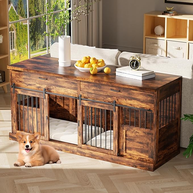 70.9" Dog Kennel Indoor Large, Wooden Farmhouse Dog Crate Furniture with with Divider, Furniture Dog Crate Large Dog