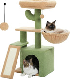 PETEPELA Cactus Cat Tree for Indoor Cats, 32'' Small Cat Tower Cat Condo with Sisal Scratching Ramp, Cozy Hammock and Removable Top Bed Perch for Kittens, Green