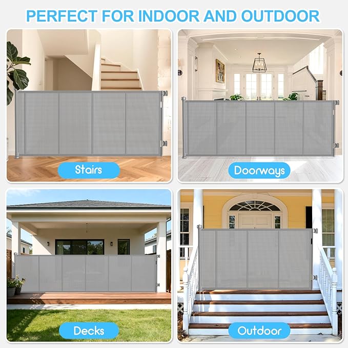120 Inch Retractable Baby Gates Extra Wide, 41 Inch Reinforced Extra Tall Gate for Large Openings, Mesh Safety Gate for Kids Pets, Retractable Dog Gate for Stair Hallways Doorway Indoor Outdoor, Gray