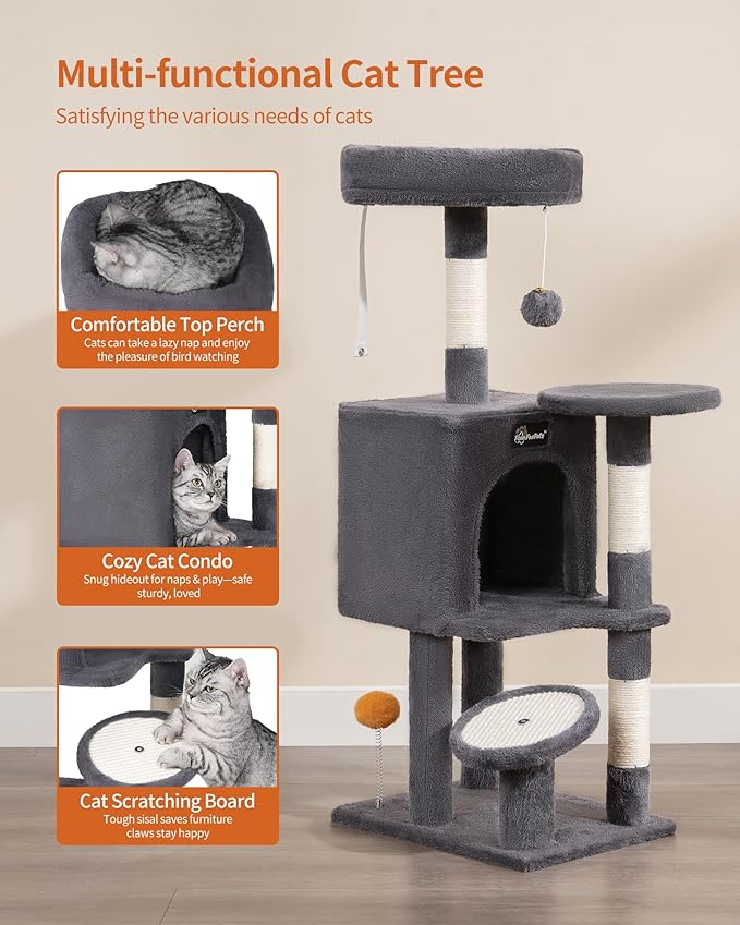 FourFurPets Small Cat Tree, Multi-Level Cat Tree for Indoor Cats, Cat Tower with Scratching Post, Cat Condo for Kittens, Dark Gray