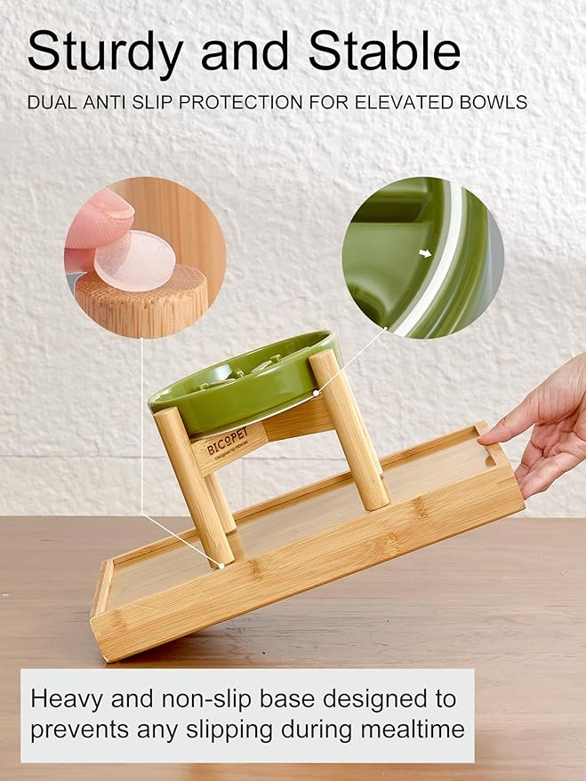 Ceramic Maze Dog Slow Feeder with Non-Slip Silicone Rim (& Bamboo Stand) – Heavy-Duty Stoneware Bowl with Puzzle Pattern for Bloating & Obesity Prevention (Raised-Apricot-S)