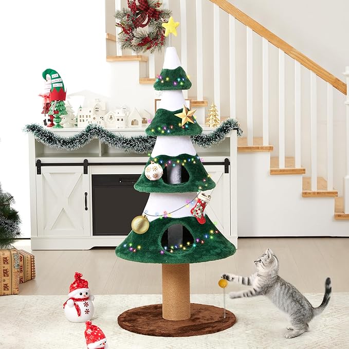 62" Christmas Tree Cat Tower for Indoor Cats, Multi-Level Wooden Cat Tree with Scratching Posts, Sisal Cat Scratcher & Cozy Cat Beds,Green