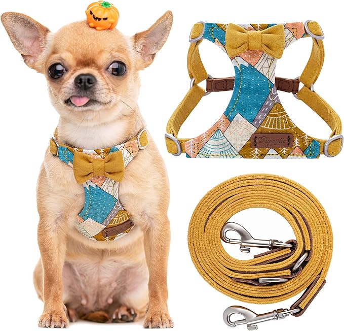Puppytie No Pull xs Dog Harness with Multifunction Dog Leash,Soft Adjustable No Choke Escape Proof Pet Harness Vest,Suede Bow Yellow,XXS