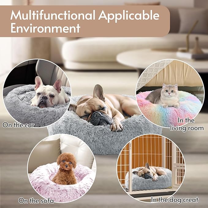 JOLLYVOGUE Medium Calming Dog Bed, Anti-Anxiety Donut Cuddler Cat Bed with Anti-Slip Bottom, Fluffy Faux Fur Machine Washable Pet Cushion for Medium Large Dog & Cat, 31"/Smoke Gray