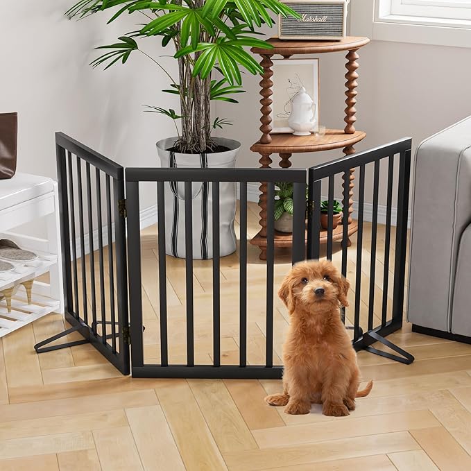 Semiocthome Bamboo Freestanding Dog Gates for Doorways,3-Panel Indoor Puppy Gates for the House with 2 Metal Stands,24"H Folding Pet Gate for Stairs Expands Up to 55"W Fully Assembled Stair Gate Black