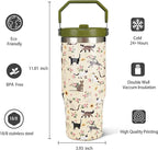 30oz Floral Cat Tumbler with Handle and Straw, Stainless Steel Vacuum Insulated Coffee Tumbler, Travel Mug Water Bottle, Cute Cat Stuff Gifts for Women